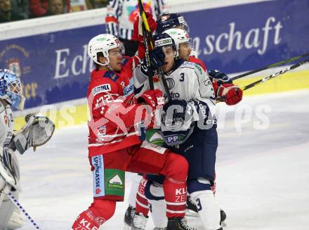 EBEL. Eishockey Bundesliga. KAC gegen	Hydro Fehervar AV 19. Liivik Siim (KAC), Reisz Aron Sandor (Alba Volan). Klagenfurt, am 13.9.2019.
Foto: Kuess
www.qspictures.net

---
pressefotos, pressefotografie, kuess, qs, qspictures, sport, bild, bilder, bilddatenbank