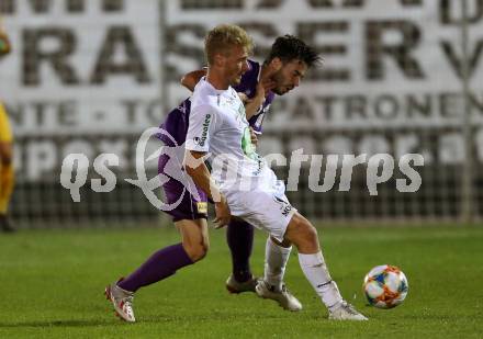 Fussball 2. Liga. SK Austria Klagenfurt gegen SC Austria Lustenau. Polydoros Gkezos, (Austria Klagenfurt), Pius Grabher  (Lustenau). Klagenfurt, am 13.9.2019.
Foto: Kuess
www.qspictures.net
---
pressefotos, pressefotografie, kuess, qs, qspictures, sport, bild, bilder, bilddatenbank