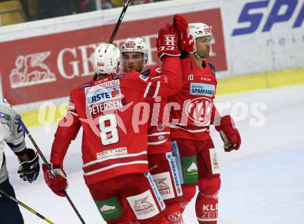 EBEL. Eishockey Bundesliga. KAC gegen	Hydro Fehervar AV 19. Torjubel Neal Matthew, Petersen Nicholas Eric, Kozek Andrew Jacob (KAC). Klagenfurt, am 13.9.2019.
Foto: Kuess
www.qspictures.net

---
pressefotos, pressefotografie, kuess, qs, qspictures, sport, bild, bilder, bilddatenbank