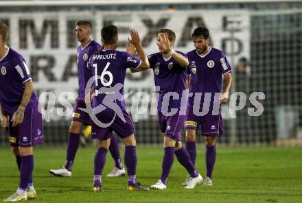 Fussball 2. Liga. SK Austra Klagenfurt gegen SC Austria Lustenau. Torjubel Oliver Markoutz,  Markus Rusek (Austria Klagenfurt). Klagenfurt, am 13.9.2019.
Foto: Kuess
www.qspictures.net
---
pressefotos, pressefotografie, kuess, qs, qspictures, sport, bild, bilder, bilddatenbank