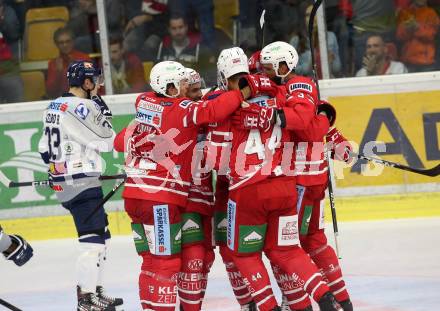 EBEL. Eishockey Bundesliga. KAC gegen	Hydro Fehervar AV 19.  Torjubel Marco Richter, Fischer David Joseph, Witting Marcel, Adam Comrie,Liivik Siim (KAC). Klagenfurt, am 13.9.2019.
Foto: Kuess
www.qspictures.net

---
pressefotos, pressefotografie, kuess, qs, qspictures, sport, bild, bilder, bilddatenbank