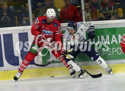 EBEL. Eishockey Bundesliga. KAC gegen	Hydro Fehervar AV 19. Hundertpfund Thomas (KAC),  Reisz Aron Sandor (Alba Volan). Klagenfurt, am 13.9.2019.
Foto: Kuess
www.qspictures.net

---
pressefotos, pressefotografie, kuess, qs, qspictures, sport, bild, bilder, bilddatenbank