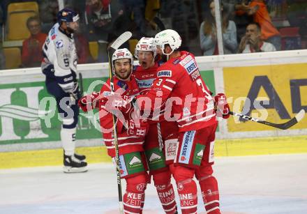 EBEL. Eishockey Bundesliga. KAC gegen	Hydro Fehervar AV 19.  Torjubel Marco Richter, Fischer David Joseph, Witting Marcel, (KAC). Klagenfurt, am 13.9.2019.
Foto: Kuess
www.qspictures.net

---
pressefotos, pressefotografie, kuess, qs, qspictures, sport, bild, bilder, bilddatenbank