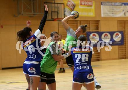 Handball Frauen Bundesliga. SC Kelag Ferlach/Feldkirchen gegen UHC Muellner Bau Stockerau. Anna-Maria Kavalar, Ursa Urbancic (Ferlach/Feldkirchen),  Teodora-Alexandra Mugurean, Laura Klinger (Stockerau). Ferlach, am 14.9.2019.
Foto: Kuess
www.qspictures.net
---
pressefotos, pressefotografie, kuess, qs, qspictures, sport, bild, bilder, bilddatenbank