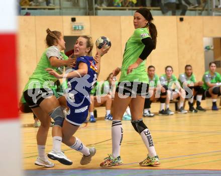 Handball Frauen Bundesliga. SC Kelag Ferlach/Feldkirchen gegen UHC Muellner Bau Stockerau. Nika Oder, (Ferlach/Feldkirchen),  Laura Klinger, Dominika Kodajova  (Stockerau). Ferlach, am 14.9.2019.
Foto: Kuess
www.qspictures.net
---
pressefotos, pressefotografie, kuess, qs, qspictures, sport, bild, bilder, bilddatenbank