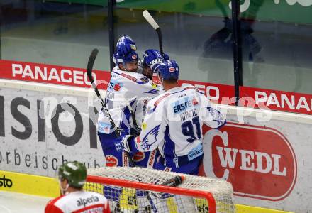 EBEL. Eishockey Bundesliga. EC VSV gegen HCB Suedtirol Alperia. Torjubel Lahoda Alexander, Pollastrone Jerry, Alagic Adis  (VSV). Villach, am 15.9.2019.
Foto: Kuess
www.qspictures.net
---
pressefotos, pressefotografie, kuess, qs, qspictures, sport, bild, bilder, bilddatenbank