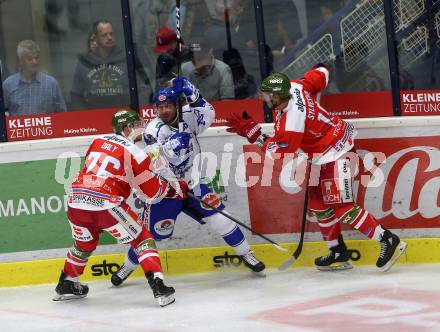 EBEL. Eishockey Bundesliga. EC VSV gegen HCB Suedtirol Alperia.  Pollastrone Jerry (VSV), Daly Timothy, Sylvestre Sebastien (Bozen). Villach, am 15.9.2019.
Foto: Kuess
www.qspictures.net
---
pressefotos, pressefotografie, kuess, qs, qspictures, sport, bild, bilder, bilddatenbank