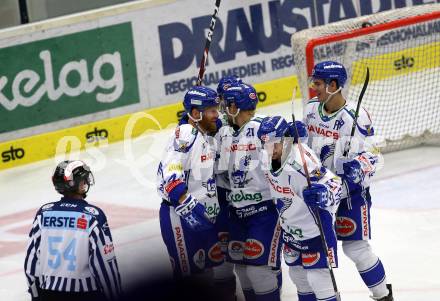 EBEL. Eishockey Bundesliga. EC VSV gegen HCB Suedtirol Alperia. Torjubel Poeyhoenen Marko, Fraser Jamie, Wappis Christof  (VSV). Villach, am 15.9.2019.
Foto: Kuess
www.qspictures.net
---
pressefotos, pressefotografie, kuess, qs, qspictures, sport, bild, bilder, bilddatenbank