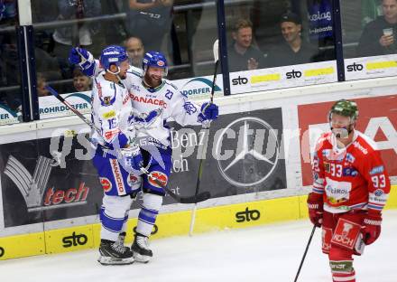 EBEL. Eishockey Bundesliga. EC VSV gegen HCB Suedtirol Alperia.  Torjubel Schlacher Markus, Spannring Patrick, (VSV). Villach, am 15.9.2019.
Foto: Kuess
www.qspictures.net
---
pressefotos, pressefotografie, kuess, qs, qspictures, sport, bild, bilder, bilddatenbank