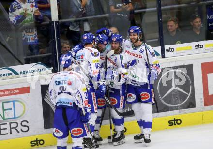 EBEL. Eishockey Bundesliga. EC VSV gegen HCB Suedtirol Alperia.  Torjubel Schlacher Markus, Spannring Patrick, Pollastrone Jerry, Bjorkstrand Patrick, Wolf Bernd (VSV). Villach, am 15.9.2019.
Foto: Kuess
www.qspictures.net
---
pressefotos, pressefotografie, kuess, qs, qspictures, sport, bild, bilder, bilddatenbank