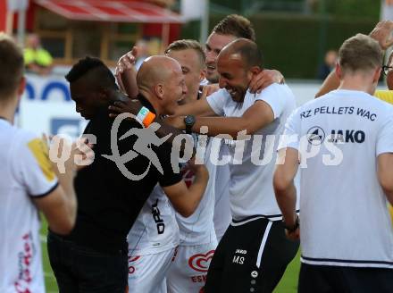 Fussball Bundesliga. RZ Pellets WAC gegen FK Austria Wien. Torjubel Anderson Niangbo, Trainer Gerhard Struber (WAC). Wolfsberg, am 15.9.2019.
Foto: Kuess
www.qspictures.net

---
pressefotos, pressefotografie, kuess, qs, qspictures, sport, bild, bilder, bilddatenbank