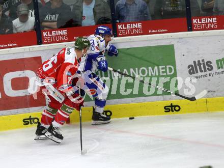 EBEL. Eishockey Bundesliga. EC VSV gegen HCB Suedtirol Alperia. Pollastrone Jerry  (VSV), Daly Timothy (Bozen). Villach, am 15.9.2019.
Foto: Kuess
www.qspictures.net
---
pressefotos, pressefotografie, kuess, qs, qspictures, sport, bild, bilder, bilddatenbank