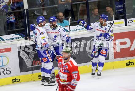 EBEL. Eishockey Bundesliga. EC VSV gegen HCB Suedtirol Alperia.  Torjubel Schlacher Markus, Spannring Patrick, Pollastrone Jerry, (VSV). Villach, am 15.9.2019.
Foto: Kuess
www.qspictures.net
---
pressefotos, pressefotografie, kuess, qs, qspictures, sport, bild, bilder, bilddatenbank