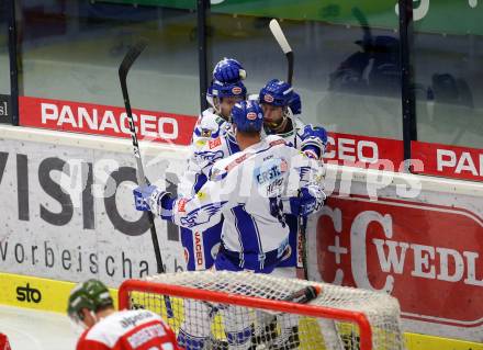 EBEL. Eishockey Bundesliga. EC VSV gegen HCB Suedtirol Alperia. Torjubel Lahoda Alexander, Pollastrone Jerry, Alagic Adis  (VSV). Villach, am 15.9.2019.
Foto: Kuess
www.qspictures.net
---
pressefotos, pressefotografie, kuess, qs, qspictures, sport, bild, bilder, bilddatenbank