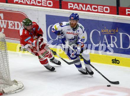 EBEL. Eishockey Bundesliga. EC VSV gegen HCB Suedtirol Alperia. Fraser Jamie  (VSV), Arniel James (Bozen). Villach, am 15.9.2019.
Foto: Kuess
www.qspictures.net
---
pressefotos, pressefotografie, kuess, qs, qspictures, sport, bild, bilder, bilddatenbank