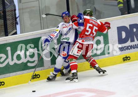 EBEL. Eishockey Bundesliga. EC VSV gegen HCB Suedtirol Alperia. Kromp Christof  (VSV), Spinozzi Kevin (Bozen). Villach, am 15.9.2019.
Foto: Kuess
www.qspictures.net
---
pressefotos, pressefotografie, kuess, qs, qspictures, sport, bild, bilder, bilddatenbank