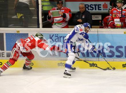 EBEL. Eishockey Bundesliga. EC VSV gegen HCB Suedtirol Alperia.  Lahti Miika (VSV), Robertson Dennis (Bozen). Villach, am 15.9.2019.
Foto: Kuess
www.qspictures.net
---
pressefotos, pressefotografie, kuess, qs, qspictures, sport, bild, bilder, bilddatenbank