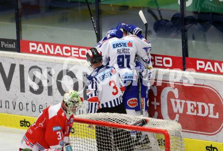 EBEL. Eishockey Bundesliga. EC VSV gegen HCB Suedtirol Alperia. Torjubel Lahoda Alexander, Pollastrone Jerry, Alagic Adis, (VSV). Villach, am 15.9.2019.
Foto: Kuess
www.qspictures.net
---
pressefotos, pressefotografie, kuess, qs, qspictures, sport, bild, bilder, bilddatenbank