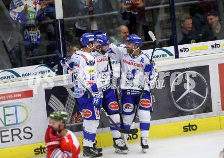 EBEL. Eishockey Bundesliga. EC VSV gegen HCB Suedtirol Alperia.  Torjubel Schlacher Markus, Spannring Patrick, Pollastrone Jerry, (VSV). Villach, am 15.9.2019.
Foto: Kuess
www.qspictures.net
---
pressefotos, pressefotografie, kuess, qs, qspictures, sport, bild, bilder, bilddatenbank