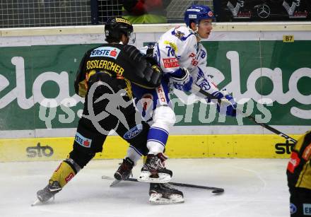 EBEL. Eishockey Bundesliga. EC VSV gegen spusu Vienna Capitals.  Felix Maxa, (VSV), Julan Grosslercher  (Vienna Capitals). Villach, am 20.9.2019.
Foto: Kuess
www.qspictures.net
---
pressefotos, pressefotografie, kuess, qs, qspictures, sport, bild, bilder, bilddatenbank