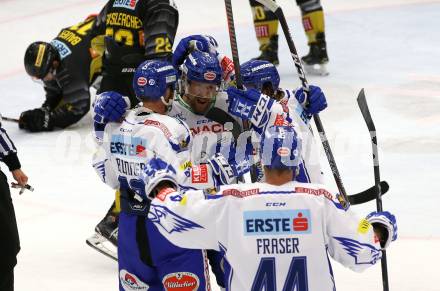 EBEL. Eishockey Bundesliga. EC VSV gegen spusu Vienna Capitals.  Torjubel Nico Brunner, Marko Poeyhoenen, Christof Wappis, Jamie Fraser (VSV). Villach, am 20.9.2019.
Foto: Kuess
www.qspictures.net
---
pressefotos, pressefotografie, kuess, qs, qspictures, sport, bild, bilder, bilddatenbank