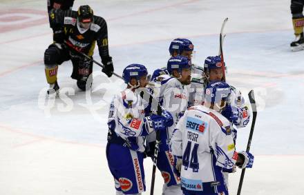 EBEL. Eishockey Bundesliga. EC VSV gegen spusu Vienna Capitals.  Torjubel Nico Brunner, Marko Poeyhoenen, Christof Wappis, Jamie Fraser, Miika Lahti (VSV). Villach, am 20.9.2019.
Foto: Kuess
www.qspictures.net
---
pressefotos, pressefotografie, kuess, qs, qspictures, sport, bild, bilder, bilddatenbank