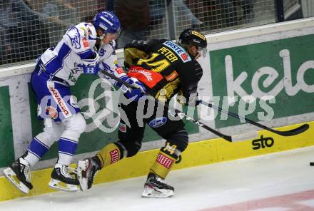 EBEL. Eishockey Bundesliga. EC VSV gegen spusu Vienna Capitals.  Anton Karlsson,  (VSV), Patrick Peter (Vienna Capitals). Villach, am 20.9.2019.
Foto: Kuess
www.qspictures.net
---
pressefotos, pressefotografie, kuess, qs, qspictures, sport, bild, bilder, bilddatenbank