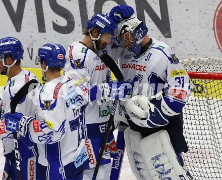 EBEL. Eishockey Bundesliga. EC VSV gegen spusu Vienna Capitals. Jubel Patrick Bjorkstrand, Brandon Maxwell  (VSV). Villach, am 20.9.2019.
Foto: Kuess
www.qspictures.net
---
pressefotos, pressefotografie, kuess, qs, qspictures, sport, bild, bilder, bilddatenbank