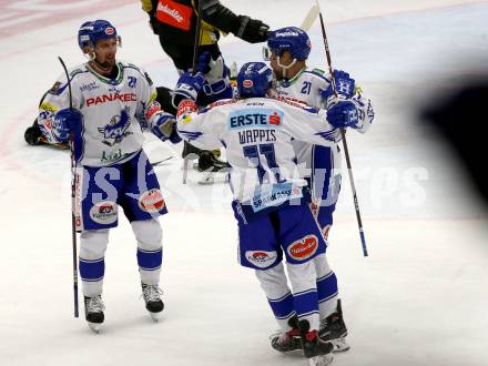 EBEL. Eishockey Bundesliga. EC VSV gegen spusu Vienna Capitals.  Torjubel Nico Brunner, Marko Poeyhoenen, Christof Wappis (VSV). Villach, am 20.9.2019.
Foto: Kuess
www.qspictures.net
---
pressefotos, pressefotografie, kuess, qs, qspictures, sport, bild, bilder, bilddatenbank