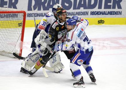 EBEL. Eishockey Bundesliga. EC VSV gegen spusu Vienna Capitals.  Marko Poeyhoenen,  (VSV), Brandon Maxwell, Kyle Baun (Vienna Capitals). Villach, am 20.9.2019.
Foto: Kuess
www.qspictures.net
---
pressefotos, pressefotografie, kuess, qs, qspictures, sport, bild, bilder, bilddatenbank