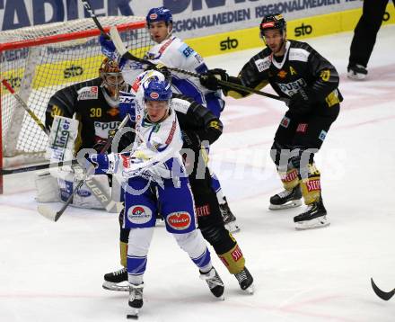 EBEL. Eishockey Bundesliga. EC VSV gegen spusu Vienna Capitals. Christof Kromp (VSV), Brenden Kichton, Ryan Zapolski  (Vienna Capitals). Villach, am 20.9.2019.
Foto: Kuess
www.qspictures.net
---
pressefotos, pressefotografie, kuess, qs, qspictures, sport, bild, bilder, bilddatenbank