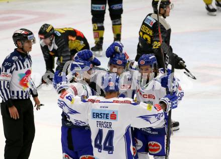 EBEL. Eishockey Bundesliga. EC VSV gegen spusu Vienna Capitals.  Torjubel Nico Brunner, Marko Poeyhoenen, Christof Wappis, Jamie Fraser (VSV), (Vienna Capitals). Villach, am 20.9.2019.
Foto: Kuess
www.qspictures.net
---
pressefotos, pressefotografie, kuess, qs, qspictures, sport, bild, bilder, bilddatenbank