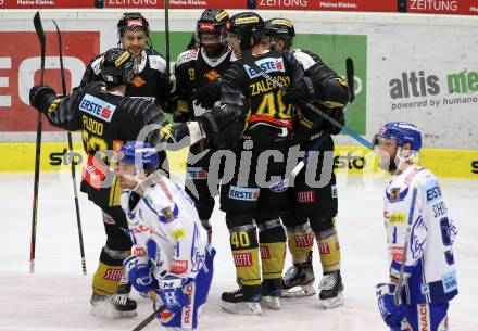 EBEL. Eishockey Bundesliga. EC VSV gegen spusu Vienna Capitals.  Torjubel Mark Flood, Alex Wall, Mike Zalewski, Ali Wukovits, Nikolaus Hartl (Vienna Capitals). Villach, am 20.9.2019.
Foto: Kuess
www.qspictures.net
---
pressefotos, pressefotografie, kuess, qs, qspictures, sport, bild, bilder, bilddatenbank