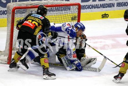 EBEL. Eishockey Bundesliga. EC VSV gegen spusu Vienna Capitals. Miika Lahti,  (VSV), Julian Grosslercher, Ryan Zapolski  (Vienna Capitals). Villach, am 20.9.2019.
Foto: Kuess
www.qspictures.net
---
pressefotos, pressefotografie, kuess, qs, qspictures, sport, bild, bilder, bilddatenbank