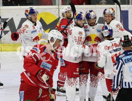 EBEL. Eishockey Bundesliga. KAC gegen	EC Red Bull Salzburg. Torjubel Raphael Herburger, Alexander Pallestrang, Mario Huber, Dominique Heinrich, Nico Feldner (Salzburg). Klagenfurt, am 22.9.2019.
Foto: Kuess
www.qspictures.net

---
pressefotos, pressefotografie, kuess, qs, qspictures, sport, bild, bilder, bilddatenbank