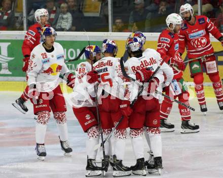 EBEL. Eishockey Bundesliga. KAC gegen	EC Red Bull Salzburg.  Torjubel Brent Regner, Florian Baltram, Lukas Schreier, Layne Viveiros (Salzburg). Klagenfurt, am 22.9.2019.
Foto: Kuess
www.qspictures.net

---
pressefotos, pressefotografie, kuess, qs, qspictures, sport, bild, bilder, bilddatenbank