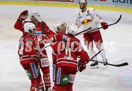 EBEL. Eishockey Bundesliga. KAC gegen	EC Red Bull Salzburg. Torjubel Patrick Harand, Lukas Haudum, Ramon Schnetzer, Nicholas Eric Petersen (KAC). Klagenfurt, am 22.9.2019.
Foto: Kuess
www.qspictures.net

---
pressefotos, pressefotografie, kuess, qs, qspictures, sport, bild, bilder, bilddatenbank