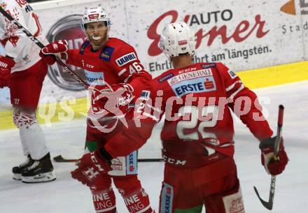 EBEL. Eishockey Bundesliga. KAC gegen	EC Red Bull Salzburg. Torjubel Johannes Bischofberger, Petter Hansson (KAC). Klagenfurt, am 22.9.2019.
Foto: Kuess
www.qspictures.net

---
pressefotos, pressefotografie, kuess, qs, qspictures, sport, bild, bilder, bilddatenbank