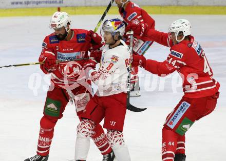 EBEL. Eishockey Bundesliga. KAC gegen	EC Red Bull Salzburg. David Joseph Fischer, Adam Comrie,  (KAC), Alexander Rauchenwald (Salzburg). Klagenfurt, am 22.9.2019.
Foto: Kuess
www.qspictures.net

---
pressefotos, pressefotografie, kuess, qs, qspictures, sport, bild, bilder, bilddatenbank