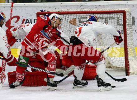 EBEL. Eishockey Bundesliga. KAC gegen	EC Red Bull Salzburg. Matthew Neal,  (KAC),  Daniel Jakubitzka (Salzburg). Klagenfurt, am 22.9.2019.
Foto: Kuess
www.qspictures.net

---
pressefotos, pressefotografie, kuess, qs, qspictures, sport, bild, bilder, bilddatenbank