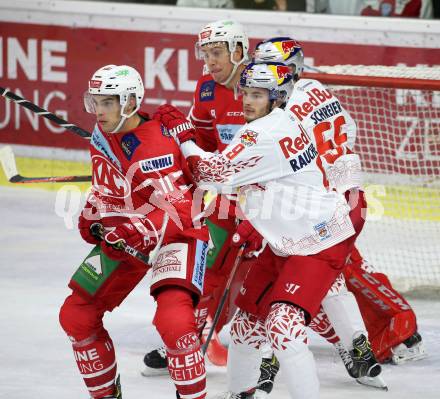 EBEL. Eishockey Bundesliga. KAC gegen	EC Red Bull Salzburg. Lukas Haudum,  (KAC), Lukas Rauchenwald (Salzburg). Klagenfurt, am 22.9.2019.
Foto: Kuess
www.qspictures.net

---
pressefotos, pressefotografie, kuess, qs, qspictures, sport, bild, bilder, bilddatenbank