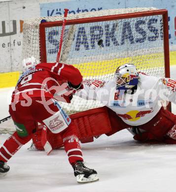 EBEL. Eishockey Bundesliga. KAC gegen	EC Red Bull Salzburg. Johannes Bischofberger,  (KAC), Lukas Herzog (Salzburg). Klagenfurt, am 22.9.2019.
Foto: Kuess
www.qspictures.net

---
pressefotos, pressefotografie, kuess, qs, qspictures, sport, bild, bilder, bilddatenbank