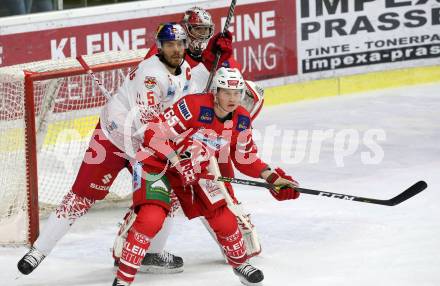 EBEL. Eishockey Bundesliga. KAC gegen	EC Red Bull Salzburg. Michael Kernberger, Lars Haugen, (KAC), Thomas Raffl  (Salzburg). Klagenfurt, am 22.9.2019.
Foto: Kuess
www.qspictures.net

---
pressefotos, pressefotografie, kuess, qs, qspictures, sport, bild, bilder, bilddatenbank