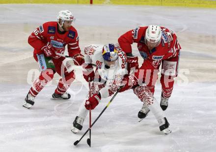 EBEL. Eishockey Bundesliga. KAC gegen	EC Red Bull Salzburg. Johannes Bischofberger, Thomas Hundertpfund,  (KAC), Alexander Pallestrang (Salzburg). Klagenfurt, am 22.9.2019.
Foto: Kuess
www.qspictures.net

---
pressefotos, pressefotografie, kuess, qs, qspictures, sport, bild, bilder, bilddatenbank