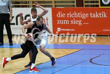 Basketball 2. Bundesliga. Grunddurchgang 1. Runde. Woerthersee Piraten gegen Mistelbach Mustangs. Tevz Ruzic,  (Piraten), Michal Kremen (Mustangs). Klagenfurt, am 21.9.2019.
Foto: Kuess
www.qspictures.net

---
pressefotos, pressefotografie, kuess, qs, qspictures, sport, bild, bilder, bilddatenbank