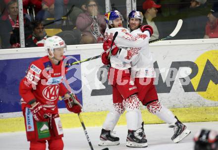 EBEL. Eishockey Bundesliga. KAC gegen	EC Red Bull Salzburg. Torjubel Alexander Rauchenwald, George Edward Holloway (KAC). Klagenfurt, am 22.9.2019.
Foto: Kuess
www.qspictures.net

---
pressefotos, pressefotografie, kuess, qs, qspictures, sport, bild, bilder, bilddatenbank