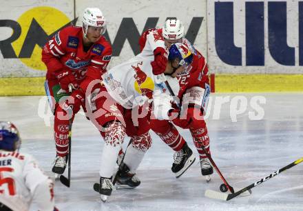 EBEL. Eishockey Bundesliga. KAC gegen	EC Red Bull Salzburg. Adam Comrie, Siim Liivik, (KAC), Yannic Pilloni  (Salzburg). Klagenfurt, am 22.9.2019.
Foto: Kuess
www.qspictures.net

---
pressefotos, pressefotografie, kuess, qs, qspictures, sport, bild, bilder, bilddatenbank