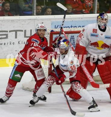 EBEL. Eishockey Bundesliga. KAC gegen	EC Red Bull Salzburg. Johannes Bischofberger,  (KAC), Lukas Schreier, Lukas Herzog (Salzburg). Klagenfurt, am 22.9.2019.
Foto: Kuess
www.qspictures.net

---
pressefotos, pressefotografie, kuess, qs, qspictures, sport, bild, bilder, bilddatenbank