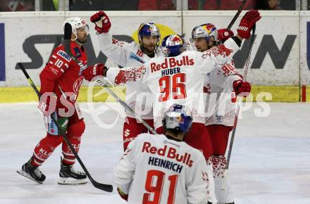 EBEL. Eishockey Bundesliga. KAC gegen	EC Red Bull Salzburg.  Torjubel Raphael Herburger, Alexander Pallestrang, Mario Huber, Dominique Heinrich  (Salzburg). Klagenfurt, am 22.9.2019.
Foto: Kuess
www.qspictures.net

---
pressefotos, pressefotografie, kuess, qs, qspictures, sport, bild, bilder, bilddatenbank