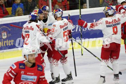 EBEL. Eishockey Bundesliga. KAC gegen	EC Red Bull Salzburg.  Torjubel Layne Viveiros, John Hughes, George Edward Holloway, Alexander Rauchenwald  (Salzburg). Klagenfurt, am 22.9.2019.
Foto: Kuess
www.qspictures.net

---
pressefotos, pressefotografie, kuess, qs, qspictures, sport, bild, bilder, bilddatenbank